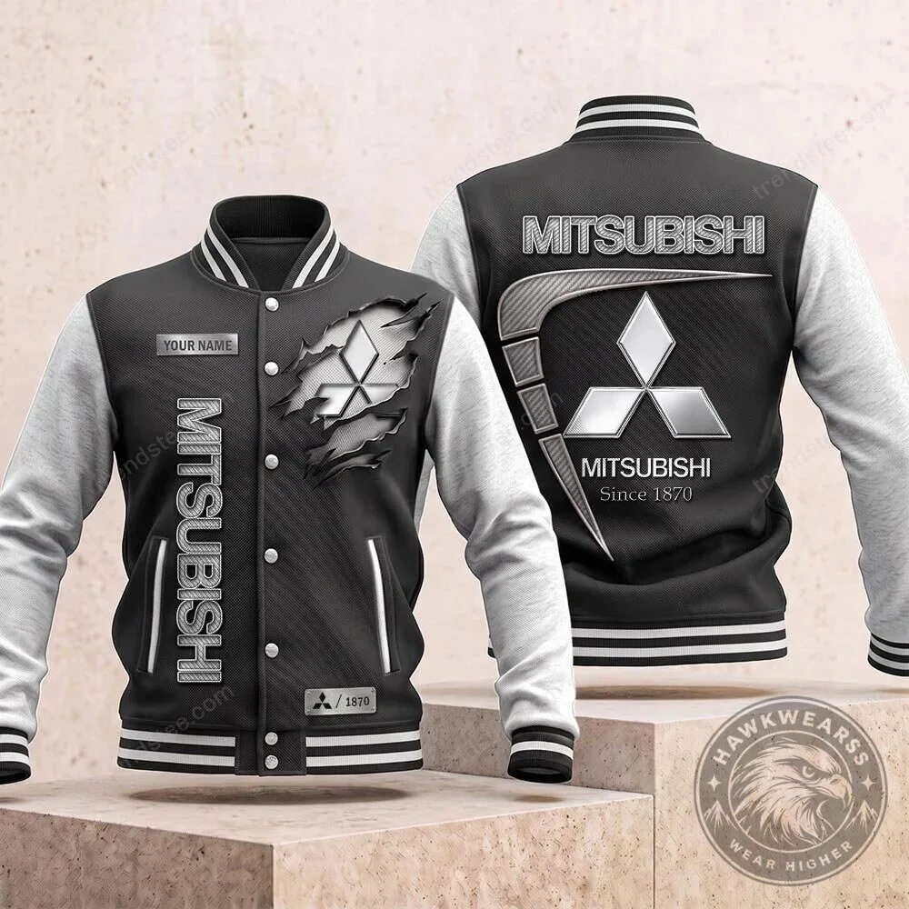 Mitsubishi Motors Company Logo Black and White Varsity Jacket for Men