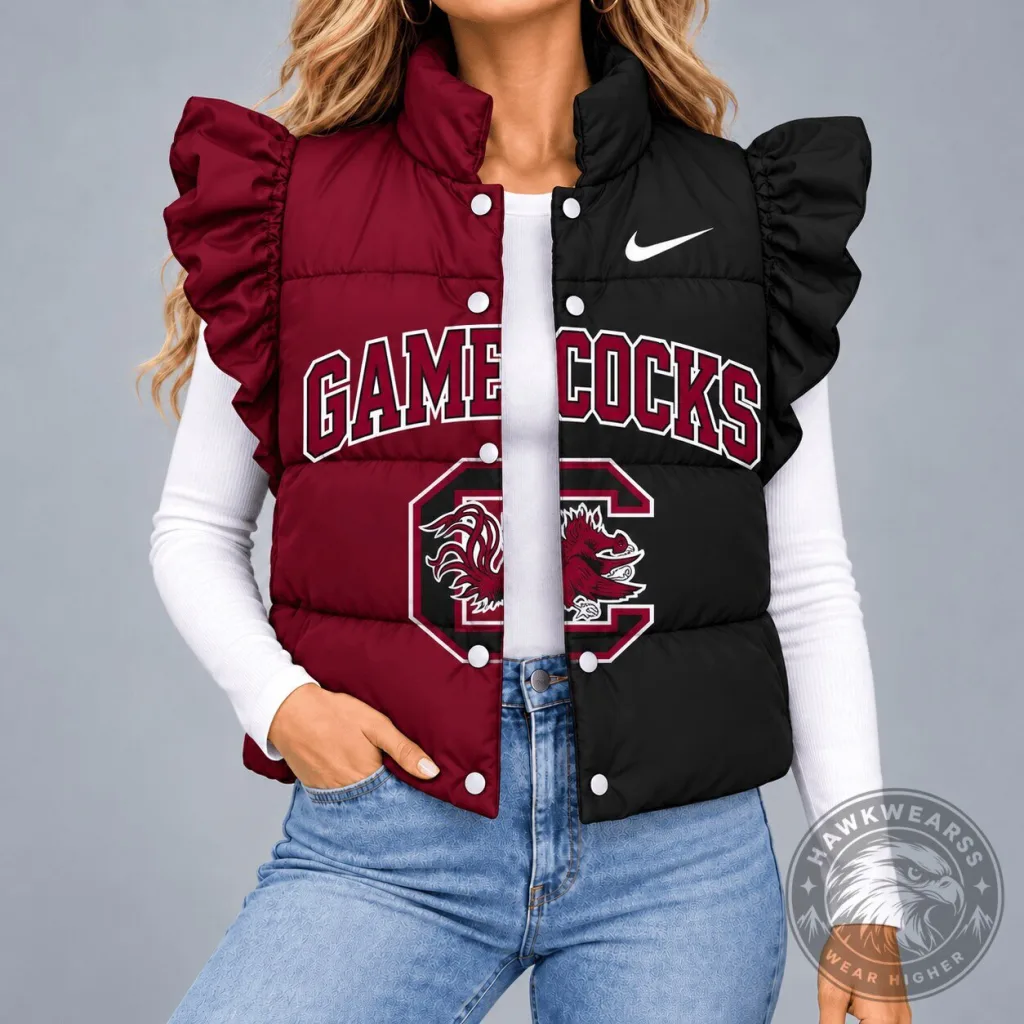 South Carolina Gamecocks NCAA Split Color Ruffle Sleeve Puffer Vest South Carolina Gamecocks NCAA Split Color Ruffle Sleeve Puffer Vest