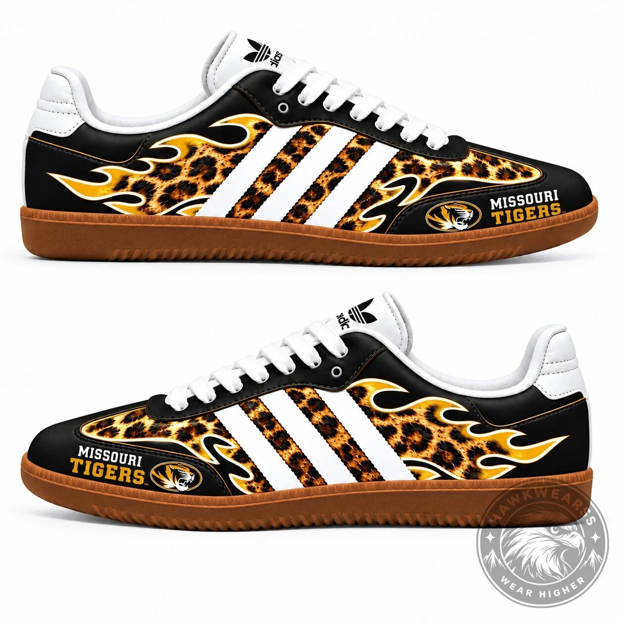 Missouri Tigers Leopard Print Flames Black and Gold Samba Shoes